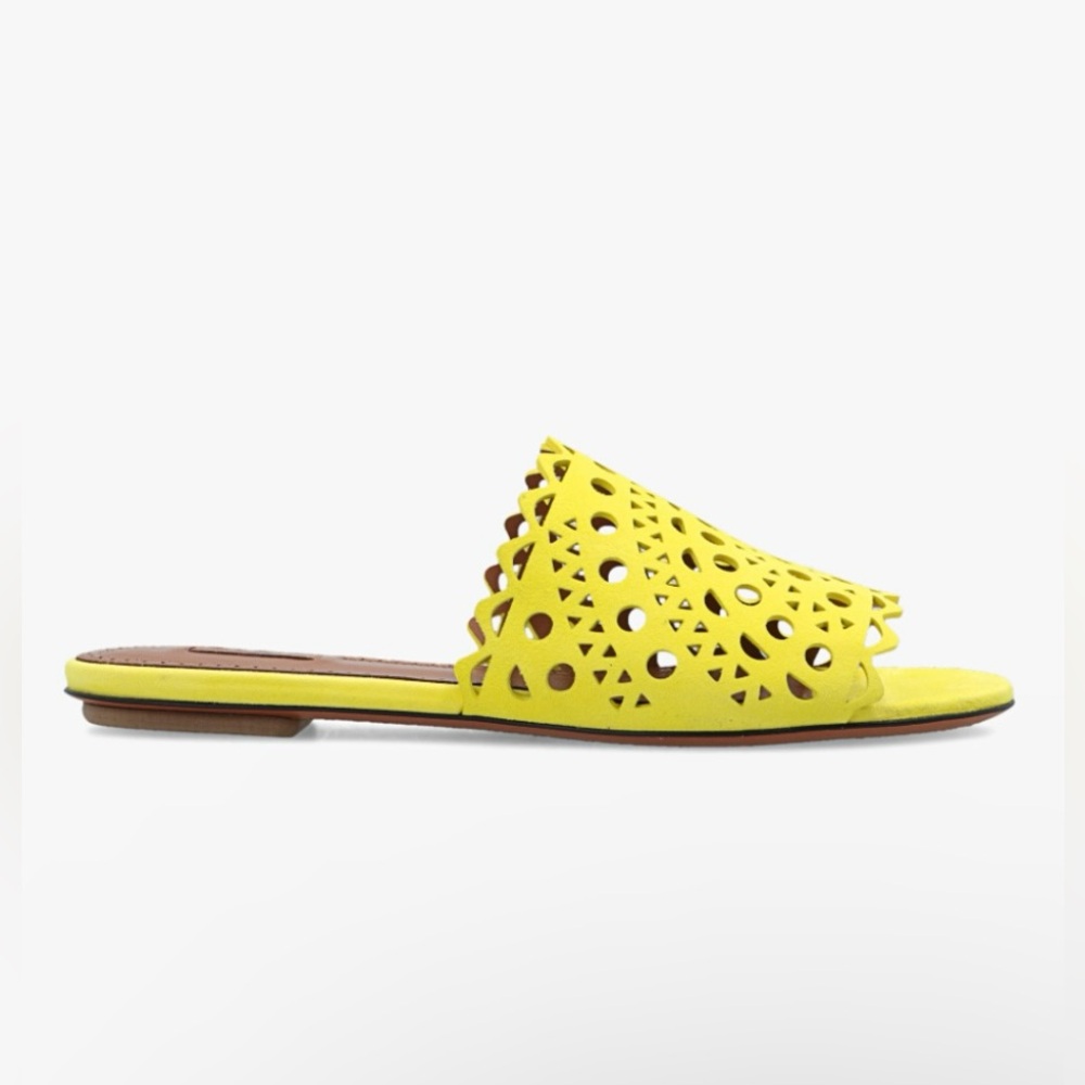 Alaia Cut Out Slides Yellow Vienne Mule Suede Goatskin NWB Size 36